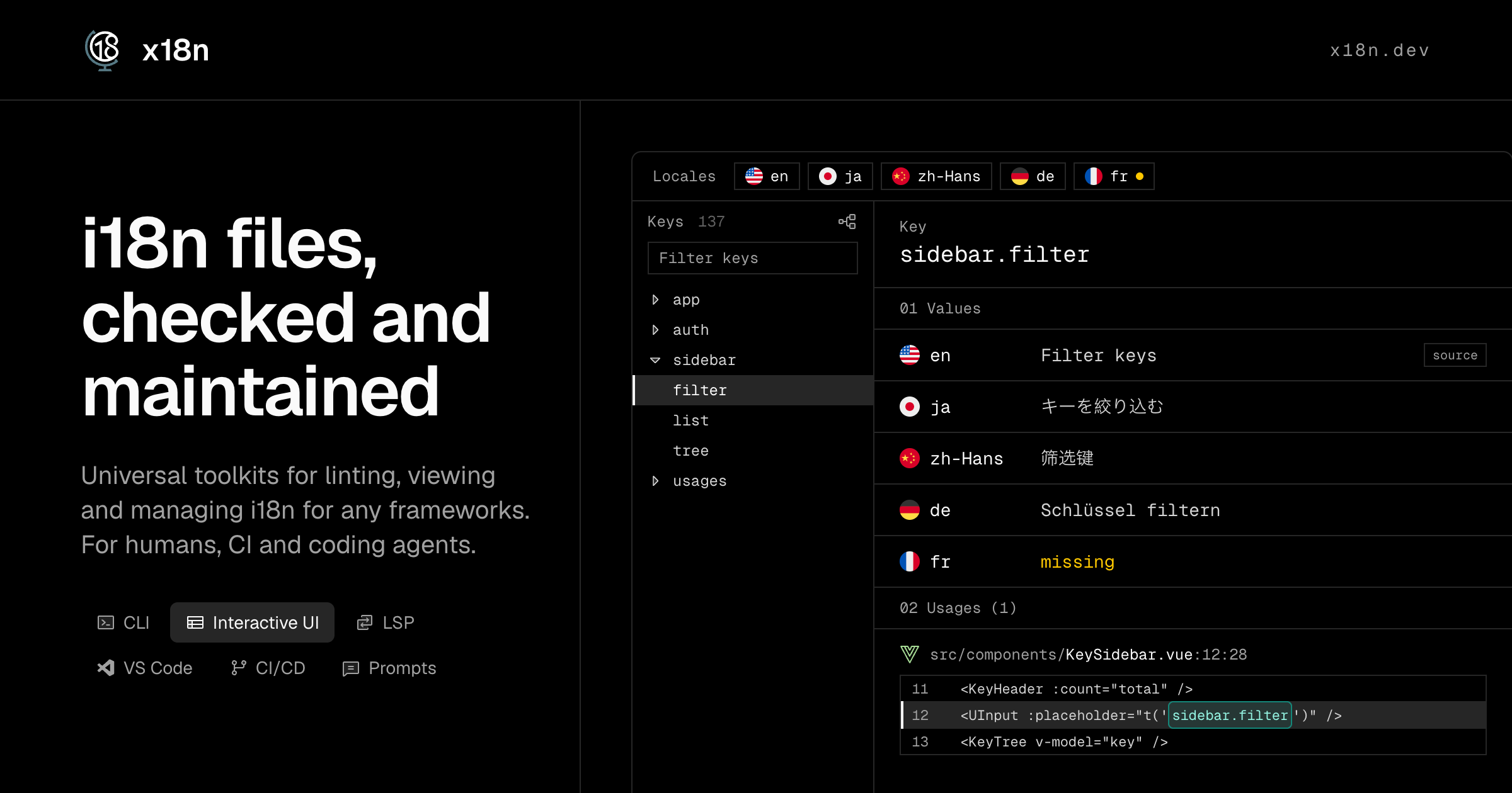 x18n — x18n reads the locale files of any project, finds where each key is used, and reports…